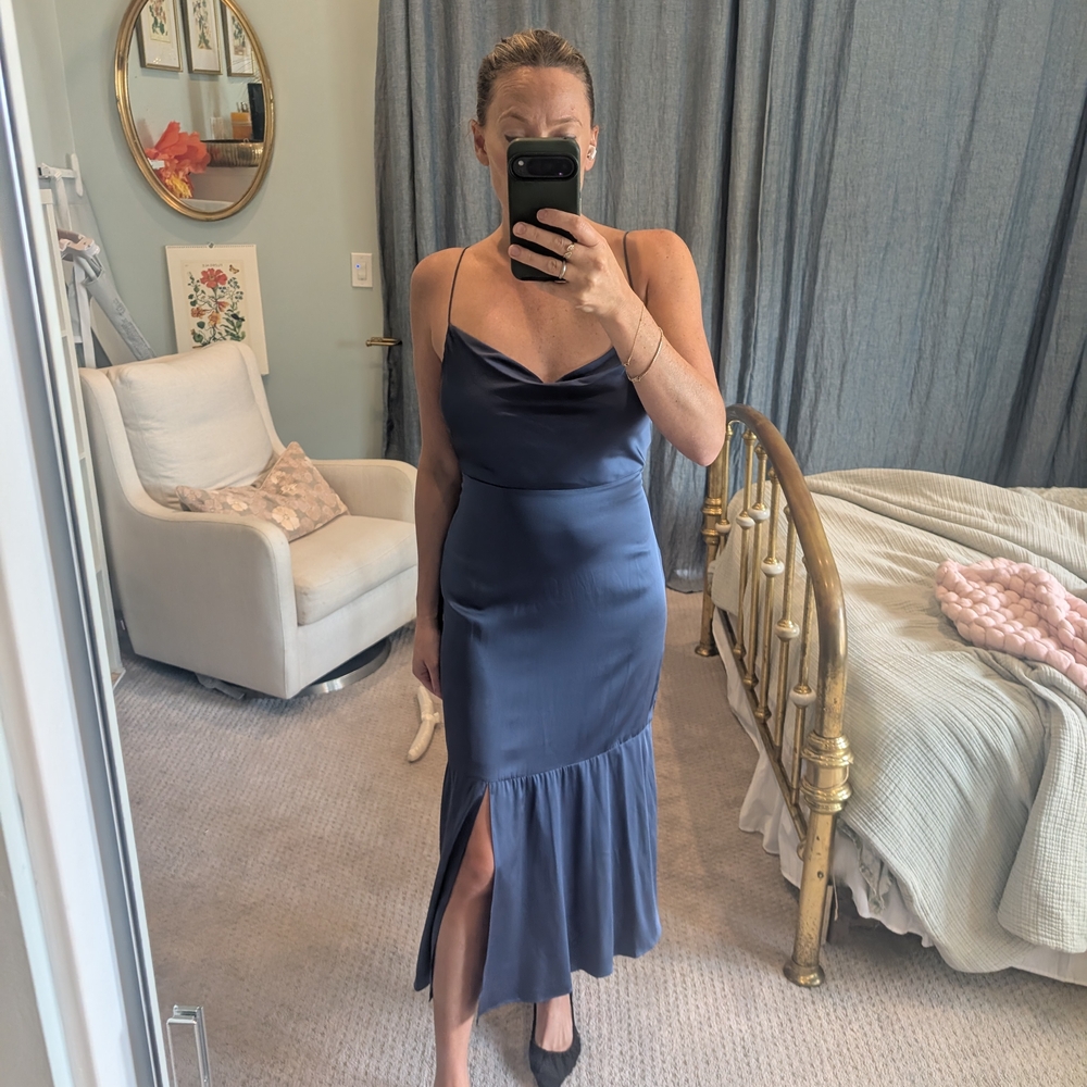 INTERMIX 95% Silk Midi Dress in Slate Blue